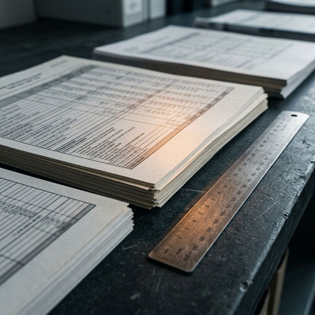 Stacks of contract and billing documents beside a metal ruler on a work table