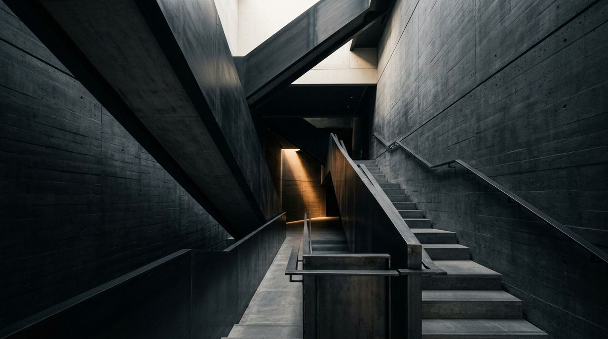 Dramatic staircase and corridor in dark architectural concrete