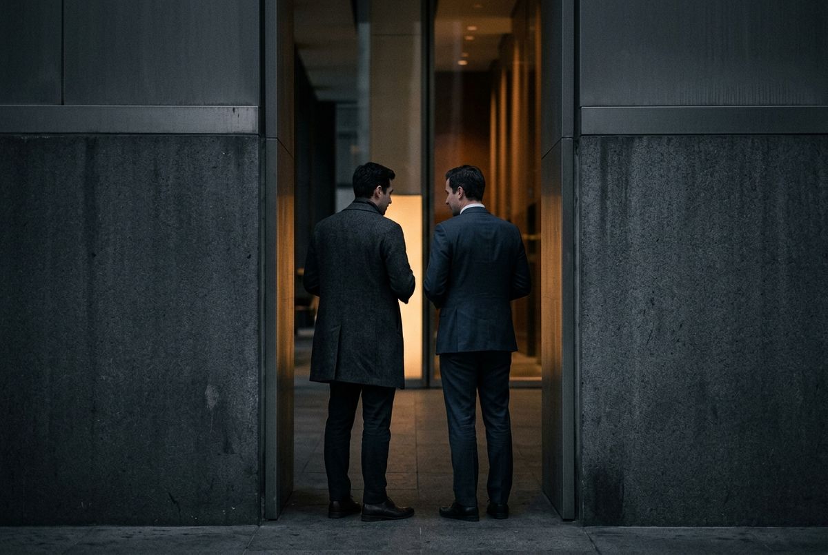 Two colleagues in conversation at the entrance of a modern office corridor